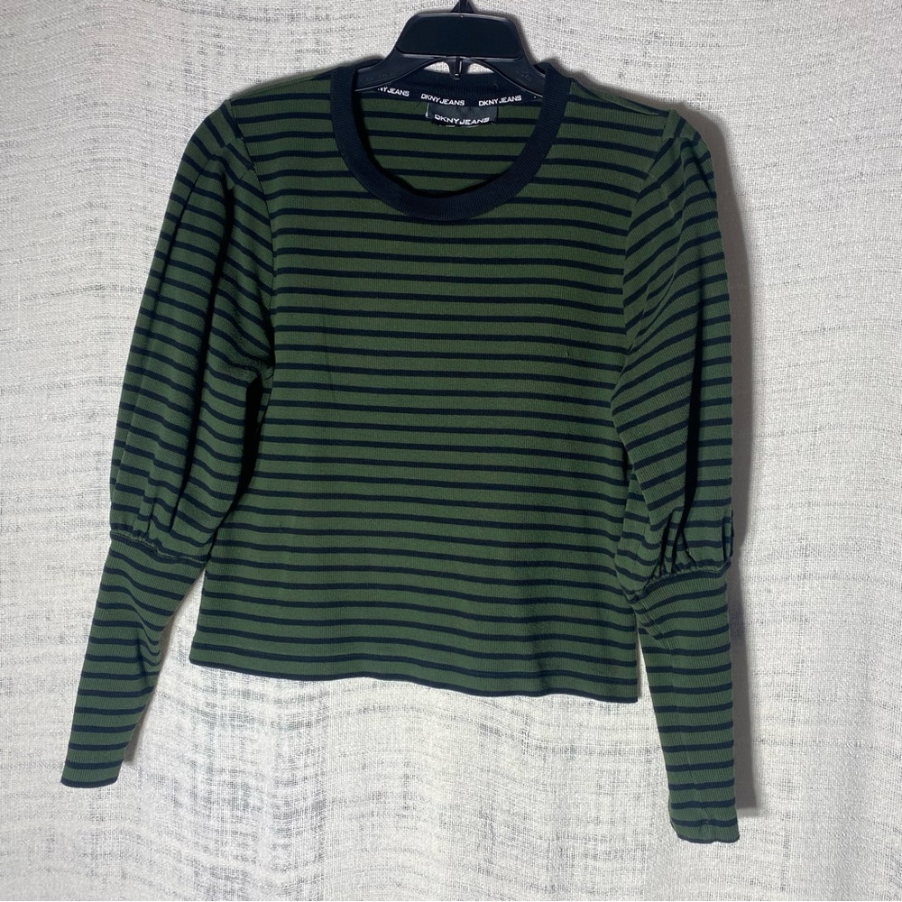 DKNY JEANS Striped Green/black Puffy Long Sleeve Cotton Blend Top Size XL